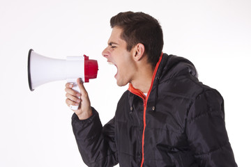 young man screaming with megaphone