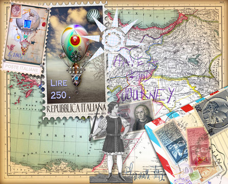 Sfondo vintage con francobolli,mappe e mongolfiere