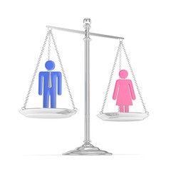 Isolated old fashioned silver pan scale with colorful man and woman on white background. Gender inequality. Equality of sexes. Law issues. Silver model. 3D rendering.