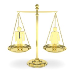 Isolated old fashioned golden pan scale with man and woman on white background. Gender inequality. Equality of sexes. Law issues. Silver model. 3D rendering.