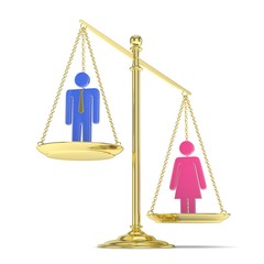 Isolated old fashioned pan scale with man and woman on white background. Gender inequality. Female is heavier. Law issues. Colorful model. 3D rendering.