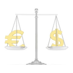 Isolated silver scales with golden dollar and euro currency. American and european finance. Measuring of market stability. 3D rendering.