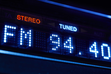 FM tuner radio display. Stereo digital frequency station tuned.