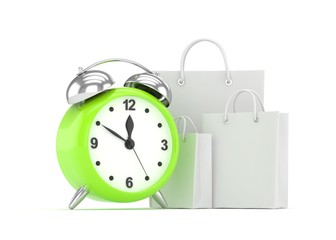 alarm clock and shopping bag (time to buy concept). 3d rendering.