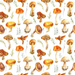 Watercolor vintage mushrooms seamless pattern