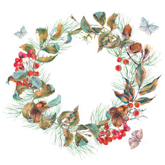 Watercolor vintage autumn wreath with branches of rowan, spruce,