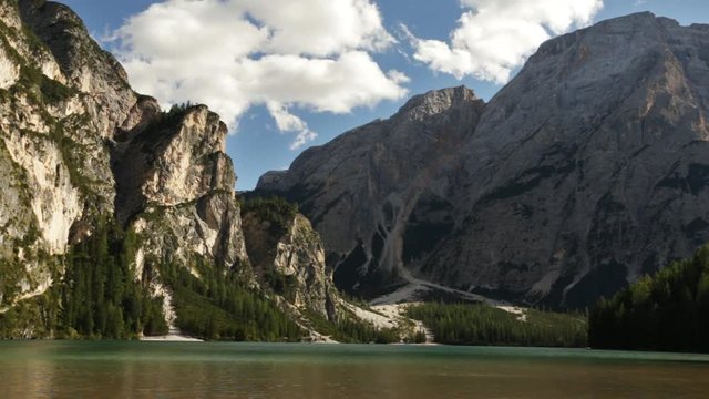 Fast moving clouds over Braies Lake. Full hd time lapse