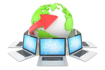 Laptop network around earth globe. 3d render