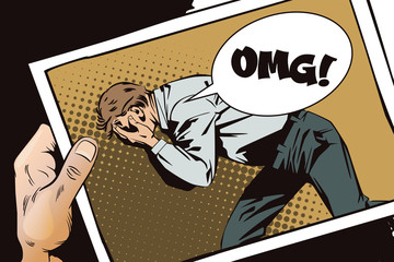 Hand with photo. Upset man clutching his head.