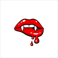 Naklejka premium Sexy red vampire woman lips with fangs and dripping blood make up. Vector comic illustration in pop art retro style isolated on white background. 