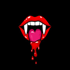 Naklejka premium Sexy red vampire woman open mouth with fangs and dripping blood on tongue. Vector comic design element in pop art retro style isolated on black background. 