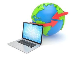 Laptop network and earth globe. 3d rendering.