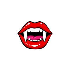 Obraz premium Sexy red vampire female open mouth with fangs. Vector comic design element in pop art retro style isolated on white background. 