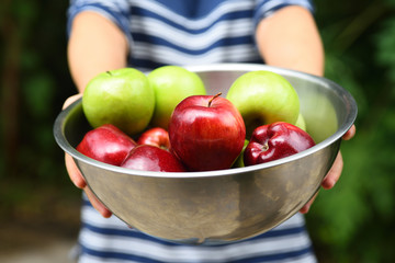 Apple fruit in a bowl holding by hand