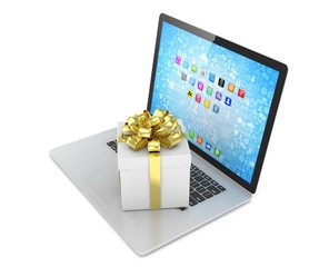 Gift box with ribbon bow on laptop keyboard. 3d rendering.