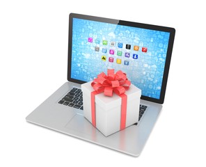 Gift box with ribbon on laptop keyboard. 3d rendering.