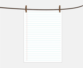 Blank worksheet book attached to a clothesline with pin - vector