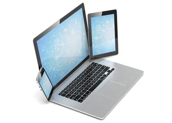 laptop, tablet, phone, on white. 3d rendering.