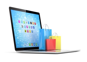 laptop and  shopping pags on white background. 3d rendering.