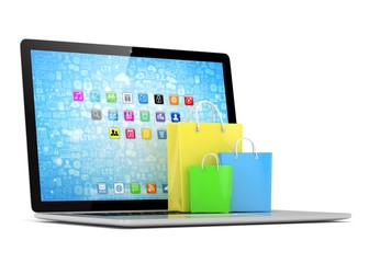 laptop and  shopping pags on white background. 3d rendering.