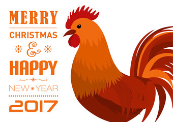 Merry Christmas e-card with rooster and designed text. Vector illustration.