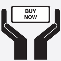 Hand showing buy now sign icon. Vector illustration.