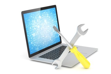 3D Illustration Wrench and screwdriver on laptop, service concept