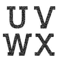 U, V, W, X black stencil letters of grainy texture.  Font in grunge style.