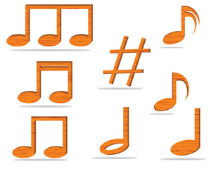 Set of music notes vector made ​​of wood.