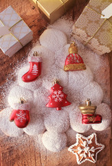 Christmas background with gingerbread tree on wooden table