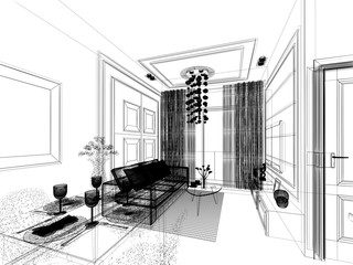 sketch design of living ,3dwire frame render
