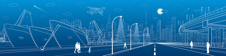 Industrial cargo port. City scene, people walking, neon town skyline, street life. ships on the water. Automotive flyover, infrastructure panorama, highway, white lines, vector design art © panimoni