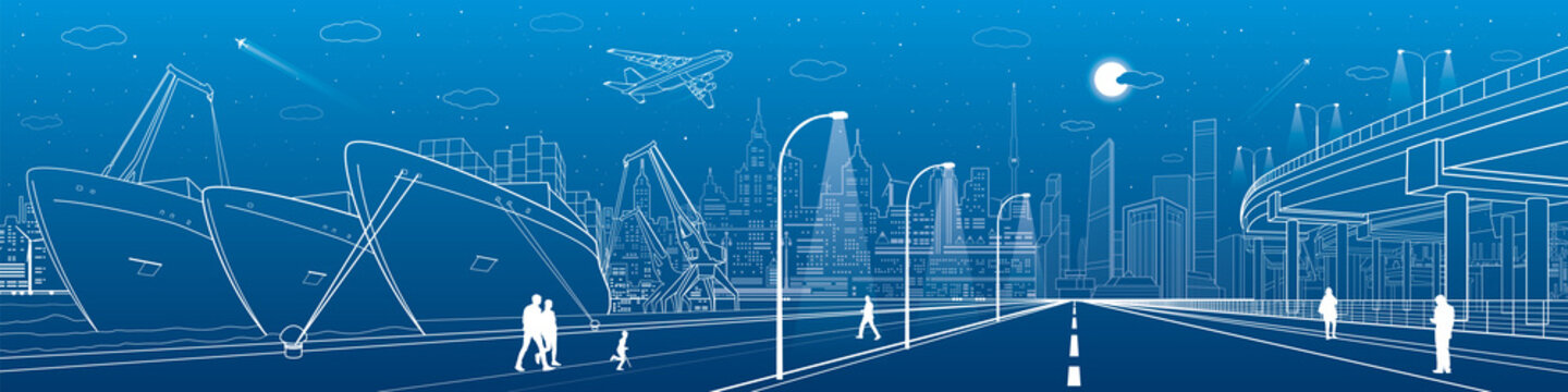 Industrial cargo port. City scene, people walking, neon town skyline, street life. ships on the water. Automotive flyover, infrastructure panorama, highway, white lines, vector design art