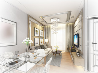 sketch design of living ,3dwire frame render