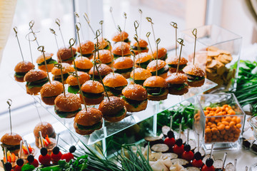 Buffet table of reception with burgers, cold snacks, meat and salads