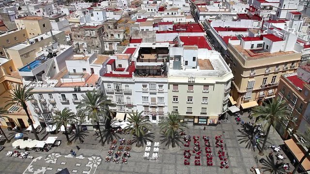 Aerial view of Cadiz Square on a sunny day by the Cathedral of Cadiz, in Spanish: Iglesia de Santa Cruz, Cadiz, Andalusia, Spain.