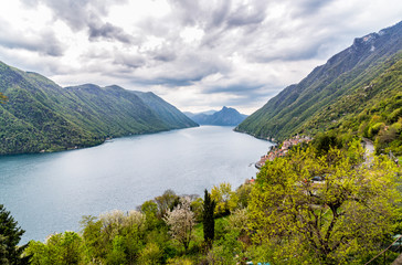 Landscape with Lugano lake and mountains.
