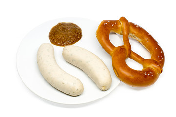 Bavarian white sausages with sweet mustard and pretzel