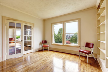 Empty room interior in white tones with wooden shelves