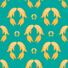 Gold fish exotic aquarium pet, sea background, summer water seamless pattern