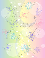 Векторное изображение бабочек и снежинок в пастельных тонах. Набросок чернилами. Может использоваться для создания открыток, сайтов, обложек, текстиля, упаковки, декупажа