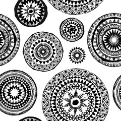 Mandala abstract vector ethnic art seamless black and white pattern. Boho grunge texture