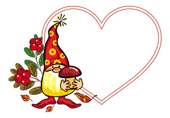 Heart-shaped frame with gnome picked up a mushroom. Vector frame with free space for text.