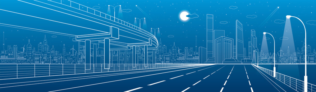 Automotive flyover, architectural and infrastructure panorama, transport overpass, highway. Business center, night city, towers and skyscrapers, white lines urban scene, vector design art