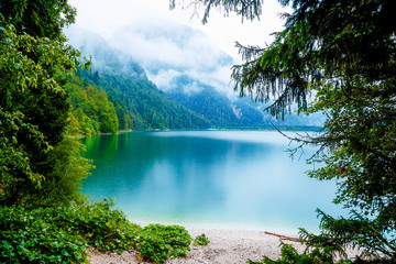 Beautiful landscape, lake with mountain in summer rain.