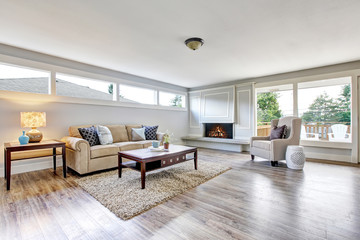 Spacious living room interior with polished hardwood