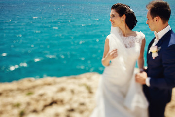 Elegant smiling young bride and groom walking on the beach