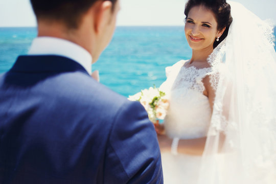 Elegant smiling young bride and groom walking on the beach
