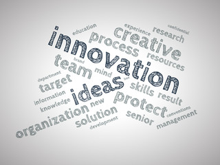 Innovation wordcloud on white vignette background