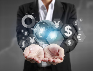 financial symbols coming from hand.